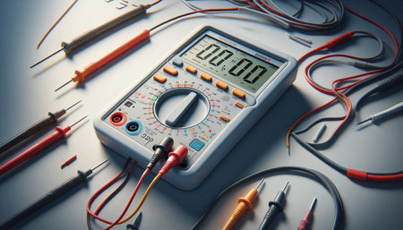 Multimeter on the background of electrical equipment. Toned image.