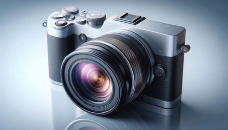 Digital SLR camera on a reflective surface. 3d illustration.