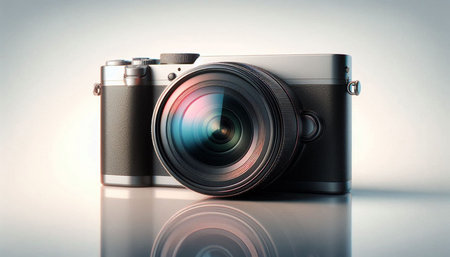 Digital SLR camera on a reflective surface. 3D Rendering
