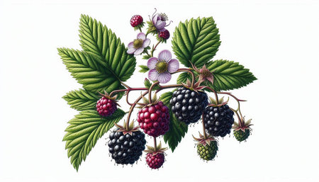 Branch of blackberries with leaves and flowers isolated on white background
