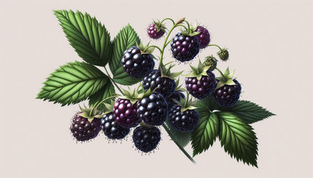 Bunch of blackberries with leaves isolated on white background. 3d illustrationの写真素材