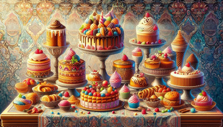 Cupcakes and muffins on a table. 3d illustration