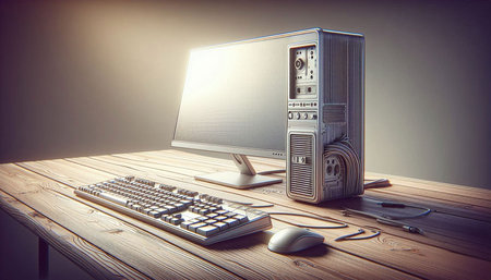 Computer and keyboard on a wooden table. 3d rendering toned image