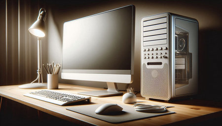 Modern desktop with computer and stationery on wooden table. 3D Rendering