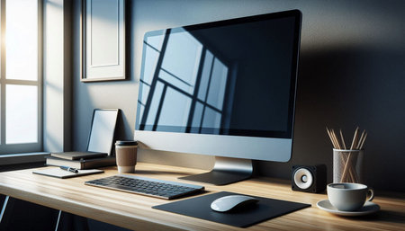 Close up of modern designer desktop with blank computer screen, supplies and coffee cup. Mock up, 3D...