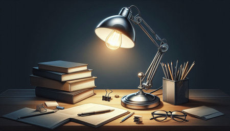 Table lamp and books on the table. Education concept. 3D Renderingの写真素材