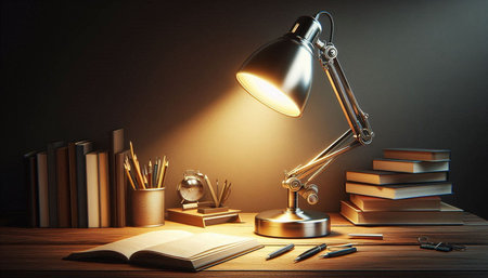 Desk lamp and books on a dark background. 3D Renderingの写真素材