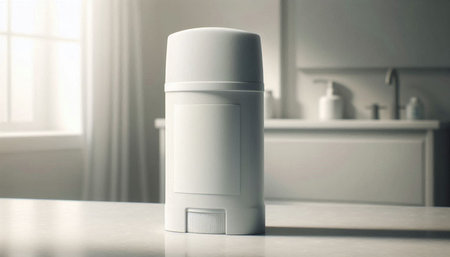 Modern deodorant on white table in bathroom. 3d render