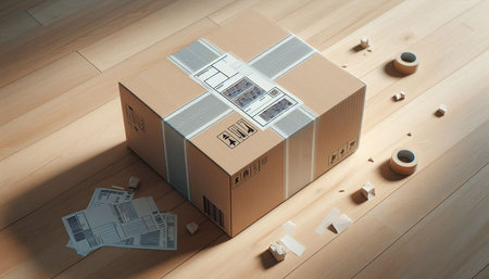 Cardboard box on the wooden floor. 3d render illustration.
