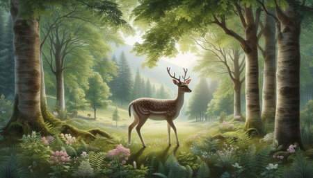 Fantasy forest with a deer in the morning. 3D renderingの写真素材