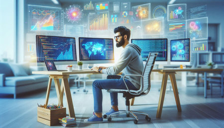 Side view of young man in casual clothes using multiple computer screens with graphs and diagrams...