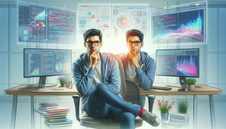 Two young businessmen sitting in front of computer screens. Mixed media.