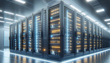3D rendering of a server room with rows of server racks.