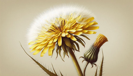 Dandelion flower with dandelion seeds on beige background