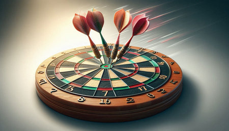 Dartboard with arrow hitting the center of dartboard. 3D rendering