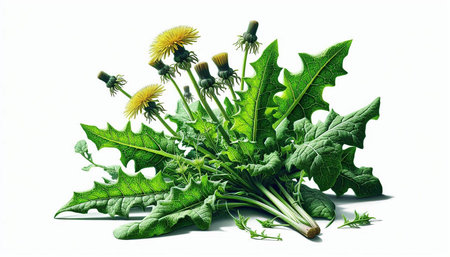 Dandelion with green leaves isolated on white background. 3d illustrationの写真素材