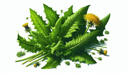 Dandelion leaves and flowers isolated on white background. 3d illustrationの写真素材