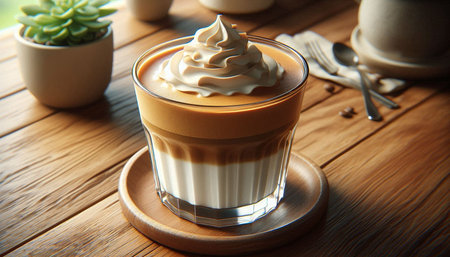 Dalgona coffee with whipped cream in a glass on wooden table