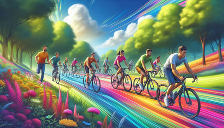 Cyclists riding on the road in the park. 3D renderingの写真素材