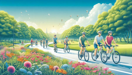 Group of people riding bicycles in the park. Healthy lifestyle concept.の写真素材