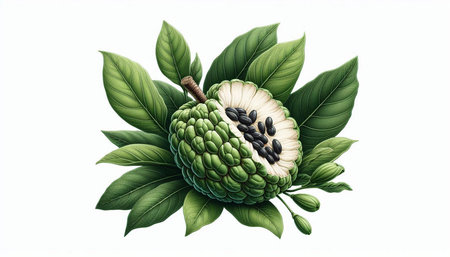 Custard apple with green leaves on white background. Vector illustration.