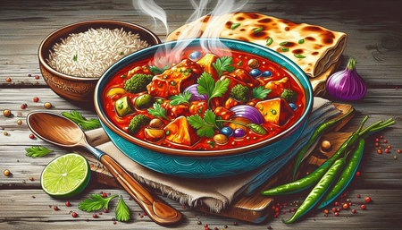 Vegetable soup in bowl on wooden background. Top view.の写真素材