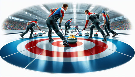 Group of men playing curling. Sport concept. 3D rendering