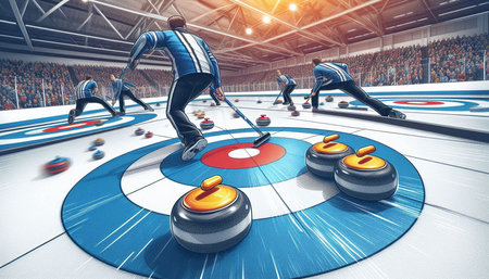 Curling players in action at the stadium. 3D rendering.の写真素材