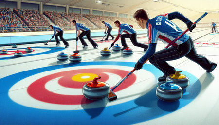 3D rendering of a group of people playing curling at an indoor stadium
