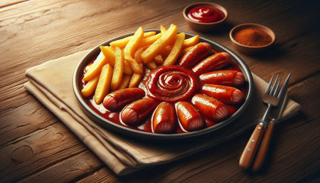 Grilled sausages with french fries and ketchup on wooden table