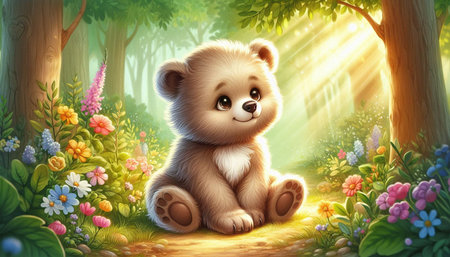 Cute teddy bear sitting in the forest - illustration for children