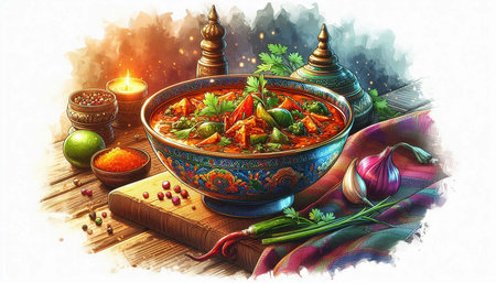 Digital painting of indian vegetarian soup with vegetables and spices
