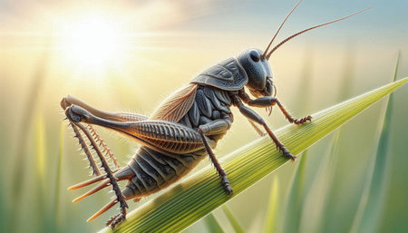 Grasshopper on a blade of grass in the rays of the setting sun