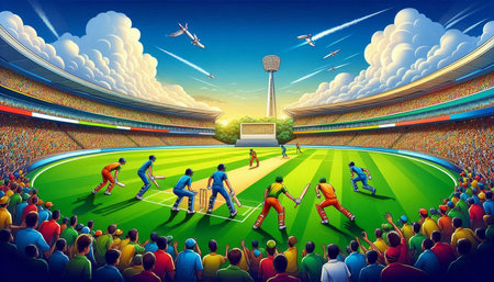 Cricket players in action at the stadium. Vector illustration.