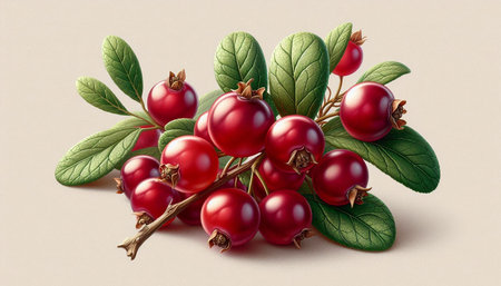 Red currant with green leaves on a beige background. 3d illustration