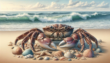 Seashells and crab on the beach. 3d illustrationの写真素材