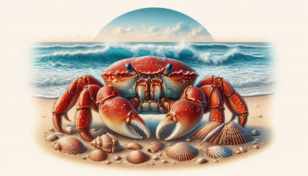 Crab on the beach. 3D illustration. Vintage style.の写真素材