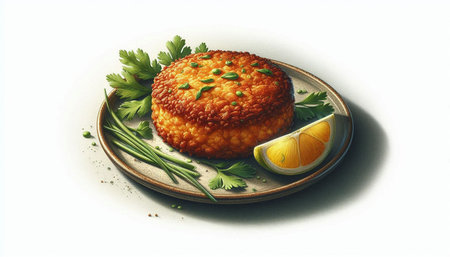 Fried fish cake with lemon and parsley on a plate.の写真素材