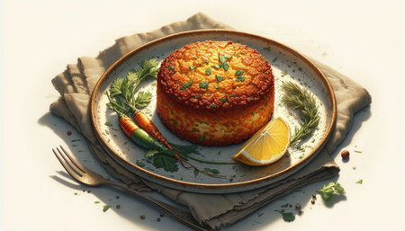 Potato cake with carrots and dill on a white background.