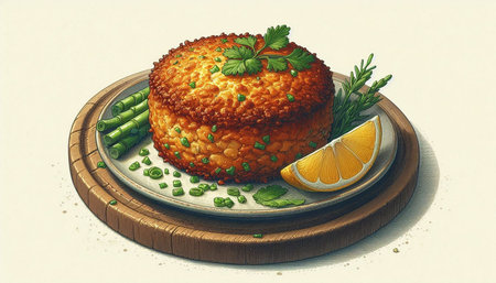 Cake with herbs and spices on a wooden plate, illustration