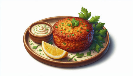 Fried cauliflower cakes with parsley and mayonnaise on a plate