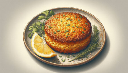 Lemon cake with parsley on a plate. Top view.の写真素材