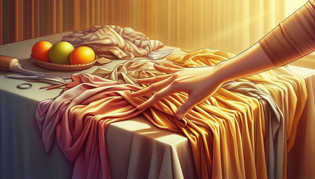 Easter eggs on table with woman hand, 3d illustration.