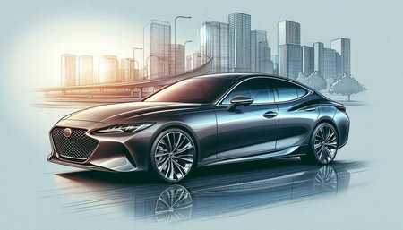 Concept car with city on background. 3D rendering and illustration