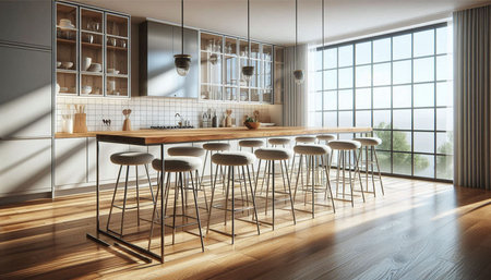 3d render of modern kitchen with white walls, wooden floor and bar with stoolsの写真素材
