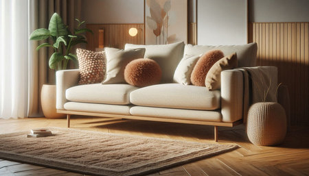 Modern living room interior with sofa and pillows. 3d render
