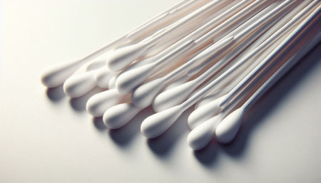 Cotton swabs on white background, closeup. Cosmetic products