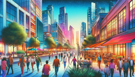 People walking in the street at night in Shanghai, China. Illustrationの写真素材