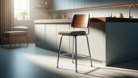 3d rendering of a modern kitchen in a loft style with white walls and a wooden floor. There is a bar...