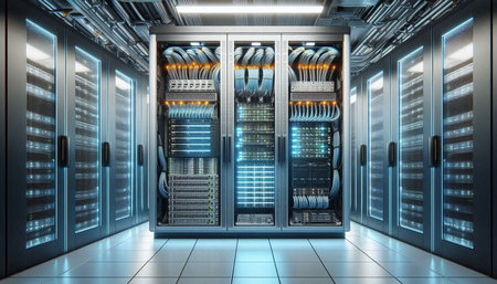 3D rendering of server room data center with racks and servers.